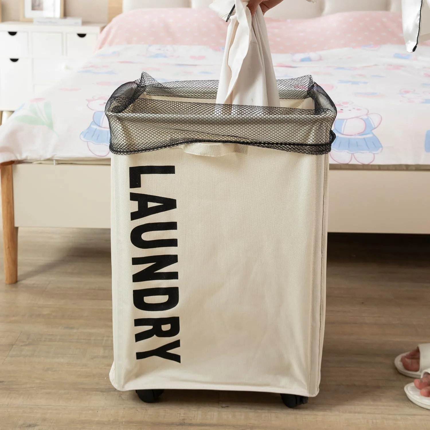 HOKIPO Foldable Laundry Hamper with Wheels, Cream