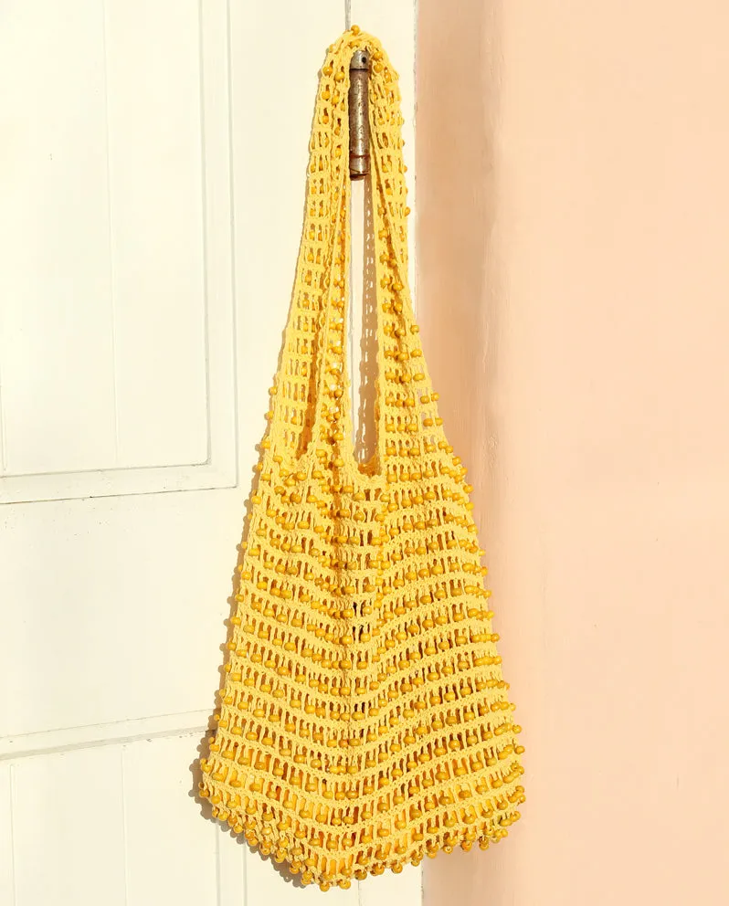 Karma Wooden Beads Crochet Bag in Pale Yellow by BrunnaCo