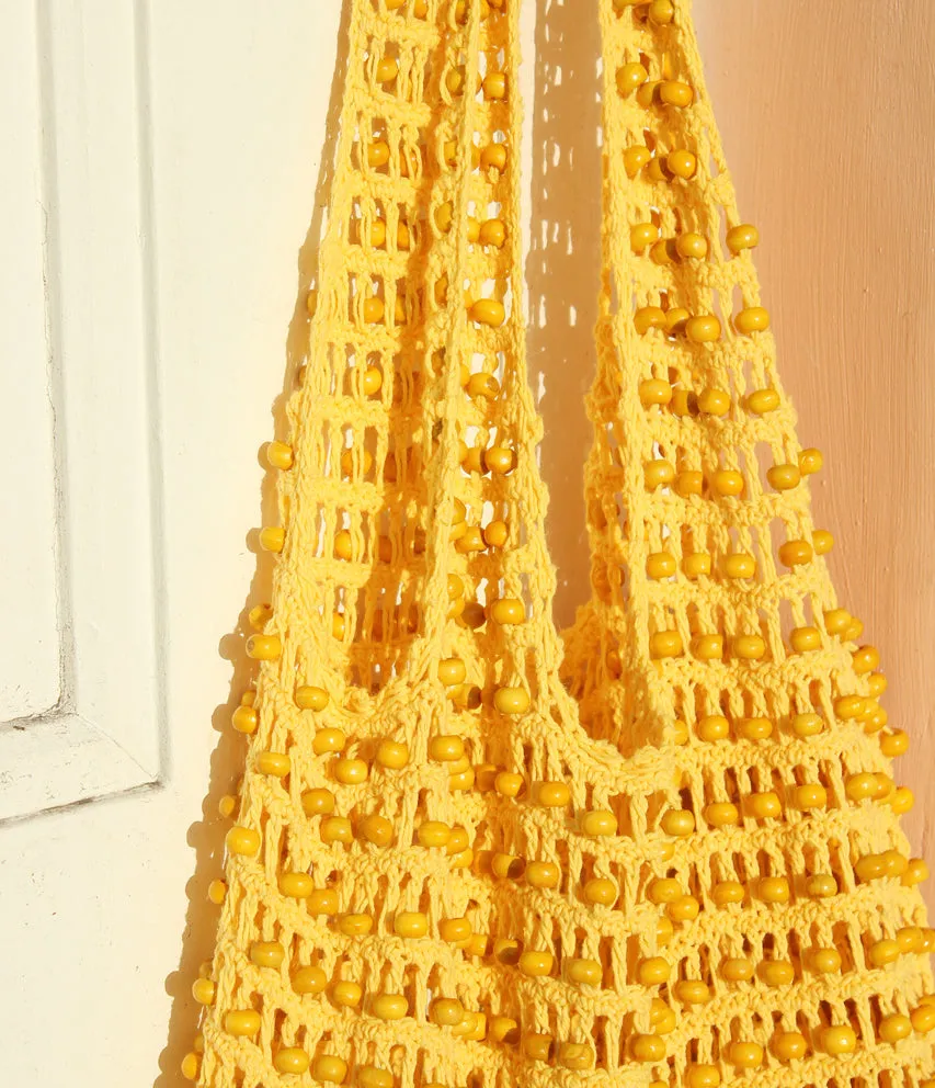 Karma Wooden Beads Crochet Bag in Pale Yellow by BrunnaCo