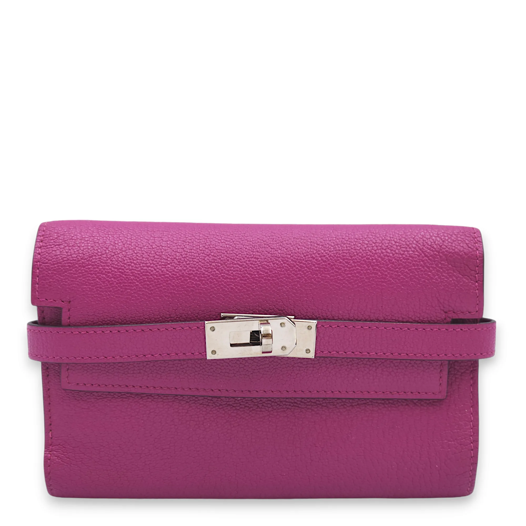 Kelly Depliant Rose Pourpre Wallet in Chevre Mysore, Palladium hardware