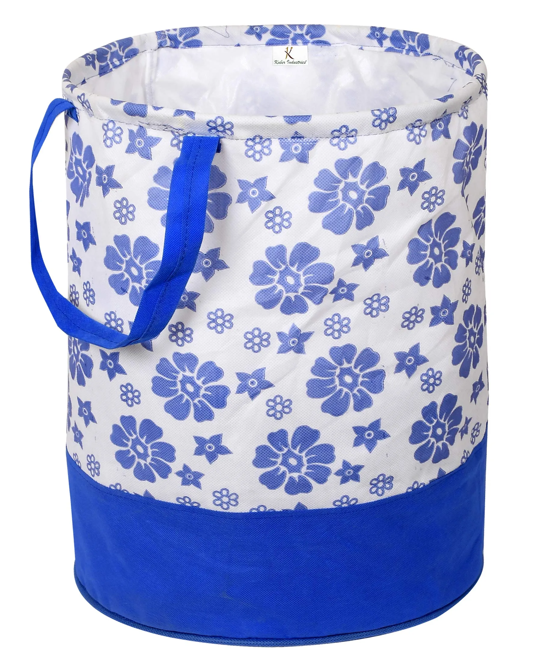 Kuber Industries Flower Print Round Non Woven Fabric Foldable Laundry Organiser With Handles,45 Ltr (Set Of 2, Blue)-KUBMART11611