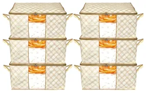 Kuber Industries Metalic Checkered Print Foldable Clothes Storage Bag Wardrobe Organizer Non Woven Fabric for Comforters,Blankets,Bedding with Sturdy Zipper,Clear Window (Set of 6,Ivory)-KUBMART16590