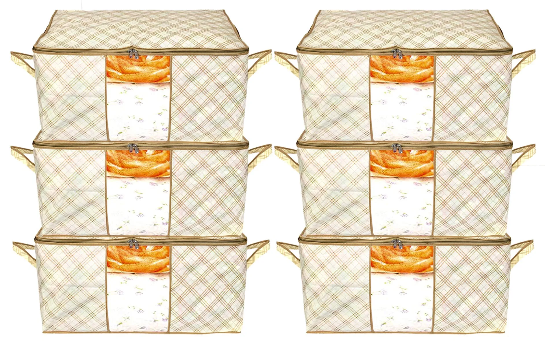 Kuber Industries Metalic Checkered Print Foldable Clothes Storage Bag Wardrobe Organizer Non Woven Fabric for Comforters,Blankets,Bedding with Sturdy Zipper,Clear Window (Set of 6,Ivory)-KUBMART16590