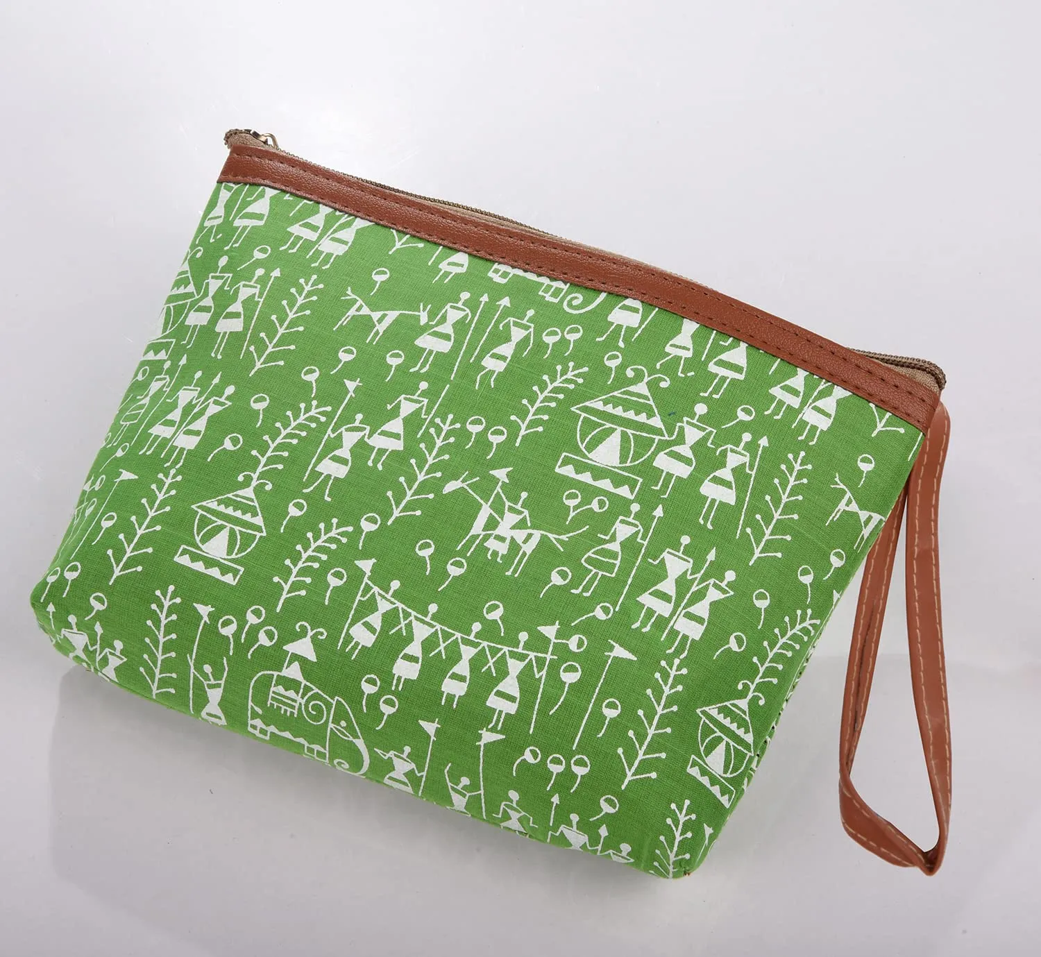 Kuber Industries Toiletry Pouch|Warli Print Travel Cosmetic Pouch|Canvas Waterproof Makeup Pouch with Handle|Pack of 4 (Green)