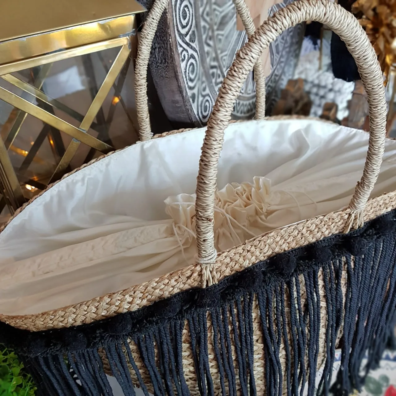 Large Natural Straw Grass Tote Bags With Pompoms & Long Fringe