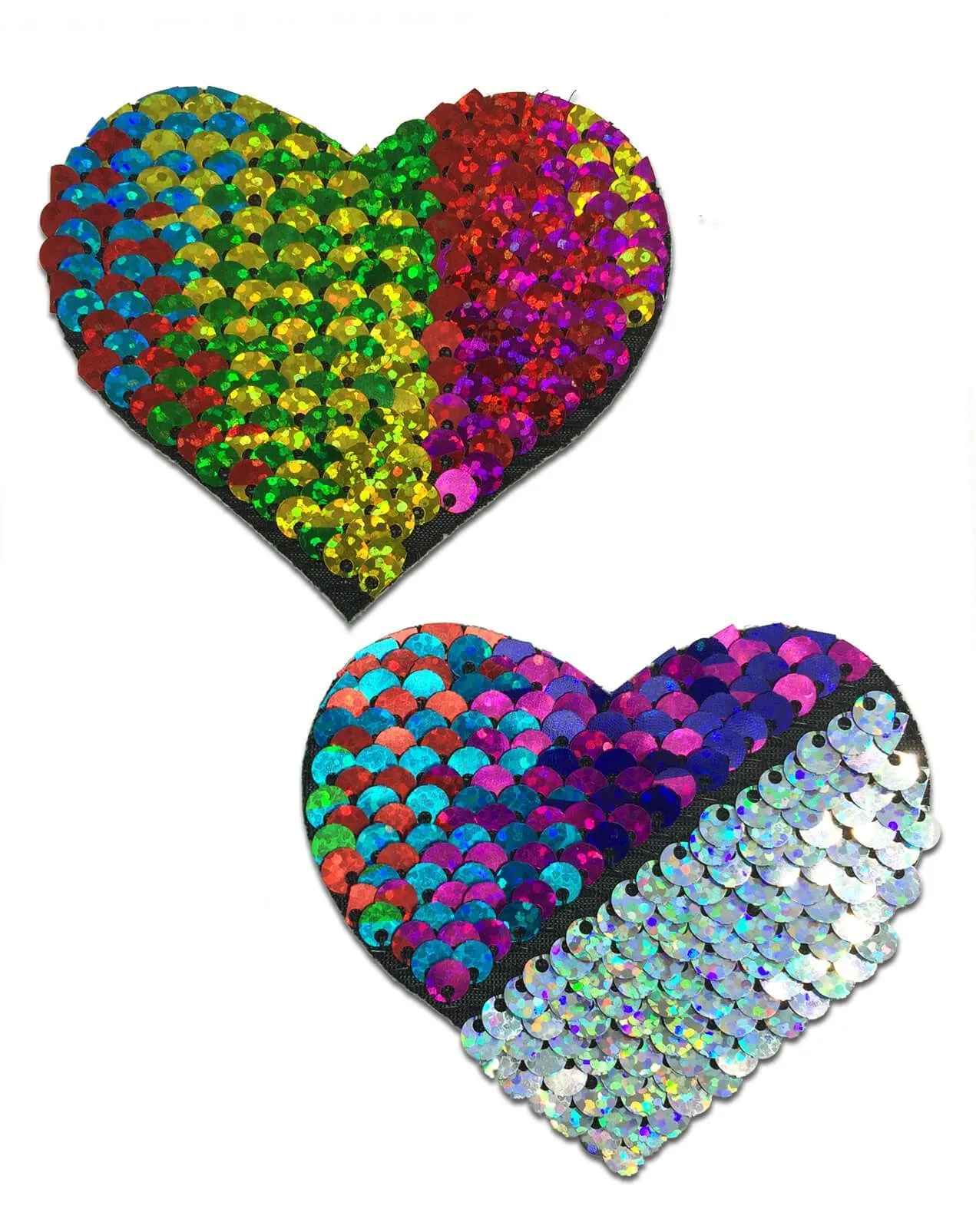 Love: Rainbow & Silver Glitter Color Changing Sequin Heart Nipple Pasties