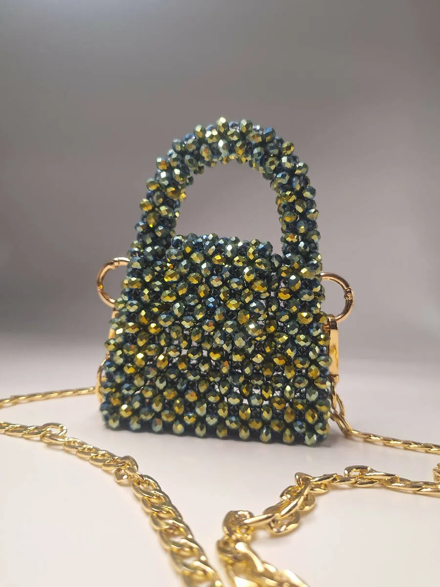 Lulua Stitches Handmade Mini Green Crystal Bag