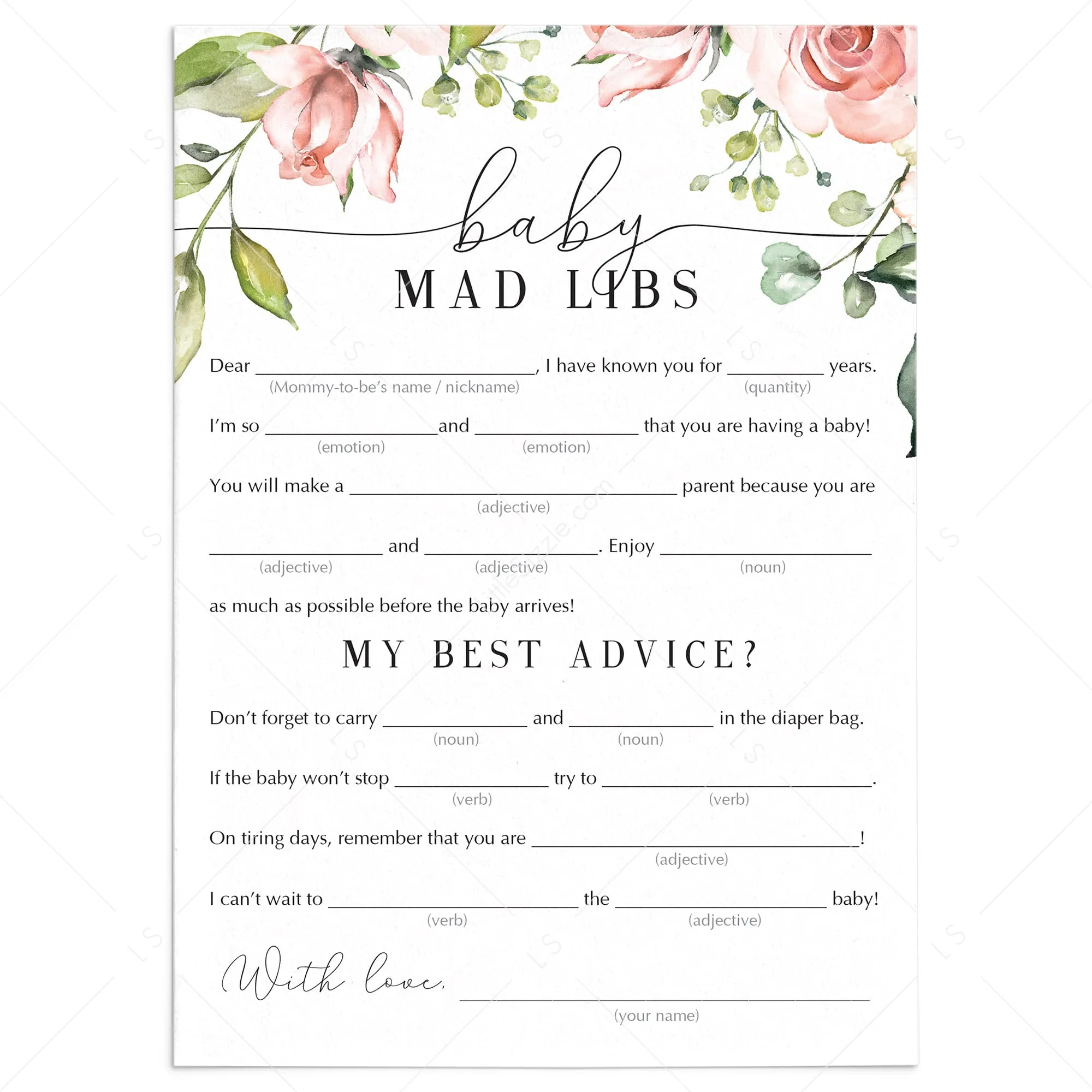 Mad Libs Funny Baby Shower Advice Printable Floral