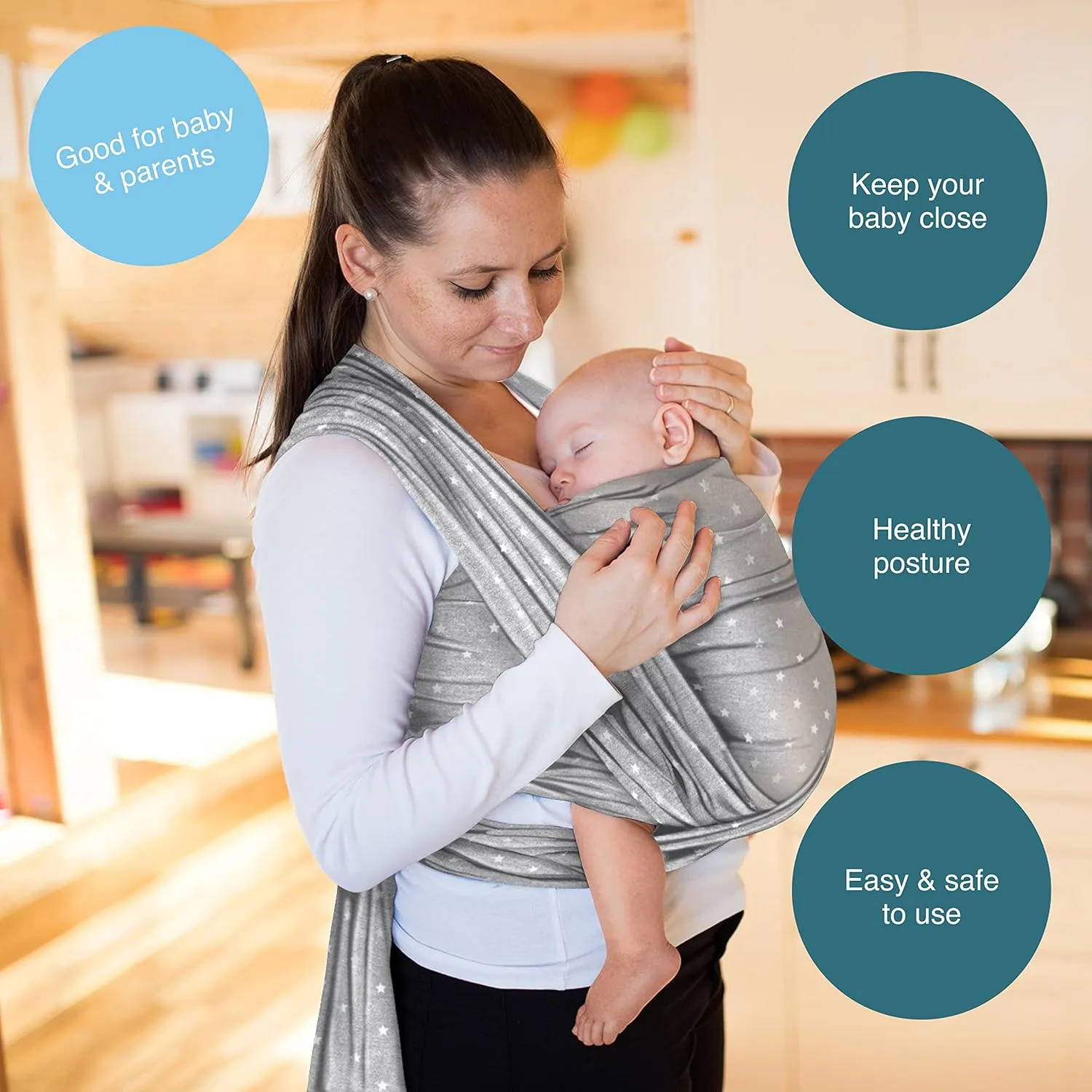 Makimaja - Soft Cotton Baby Wrap Carrier - Light Grey - Shoulder Strap for Newborns and Babies Up to 15 Kg - includes Storage Bag and Bib