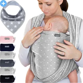 Makimaja - Soft Cotton Baby Wrap Carrier - Light Grey - Shoulder Strap for Newborns and Babies Up to 15 Kg - includes Storage Bag and Bib