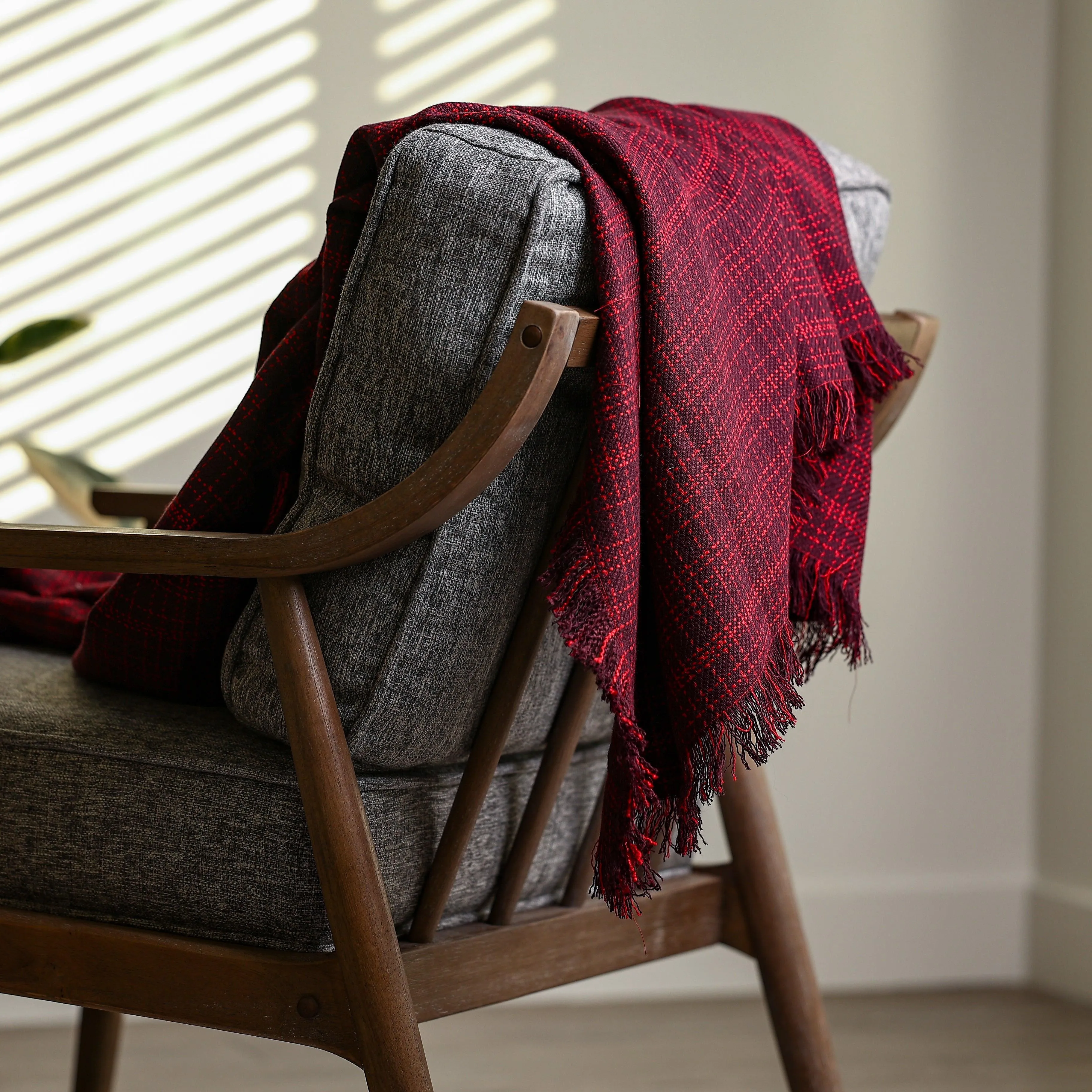 Maroon and Beige Check Throw Blankets 58" x 70"  1.5" Fringe