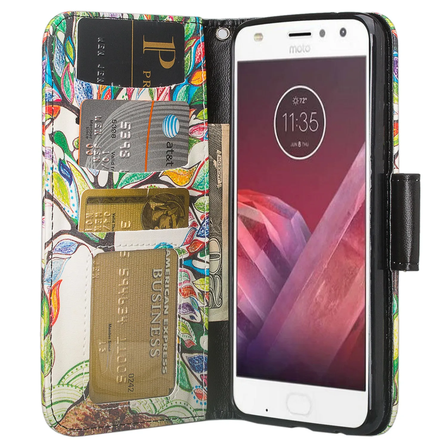 Motorola Moto Z2 Play Case, Moto Z2 Play Wallet Case, Slim Flip Folio [Kickstand] Pu Leather Wallet Case with ID & Card Slots & Pocket   Wrist Strap - Colorful Tree