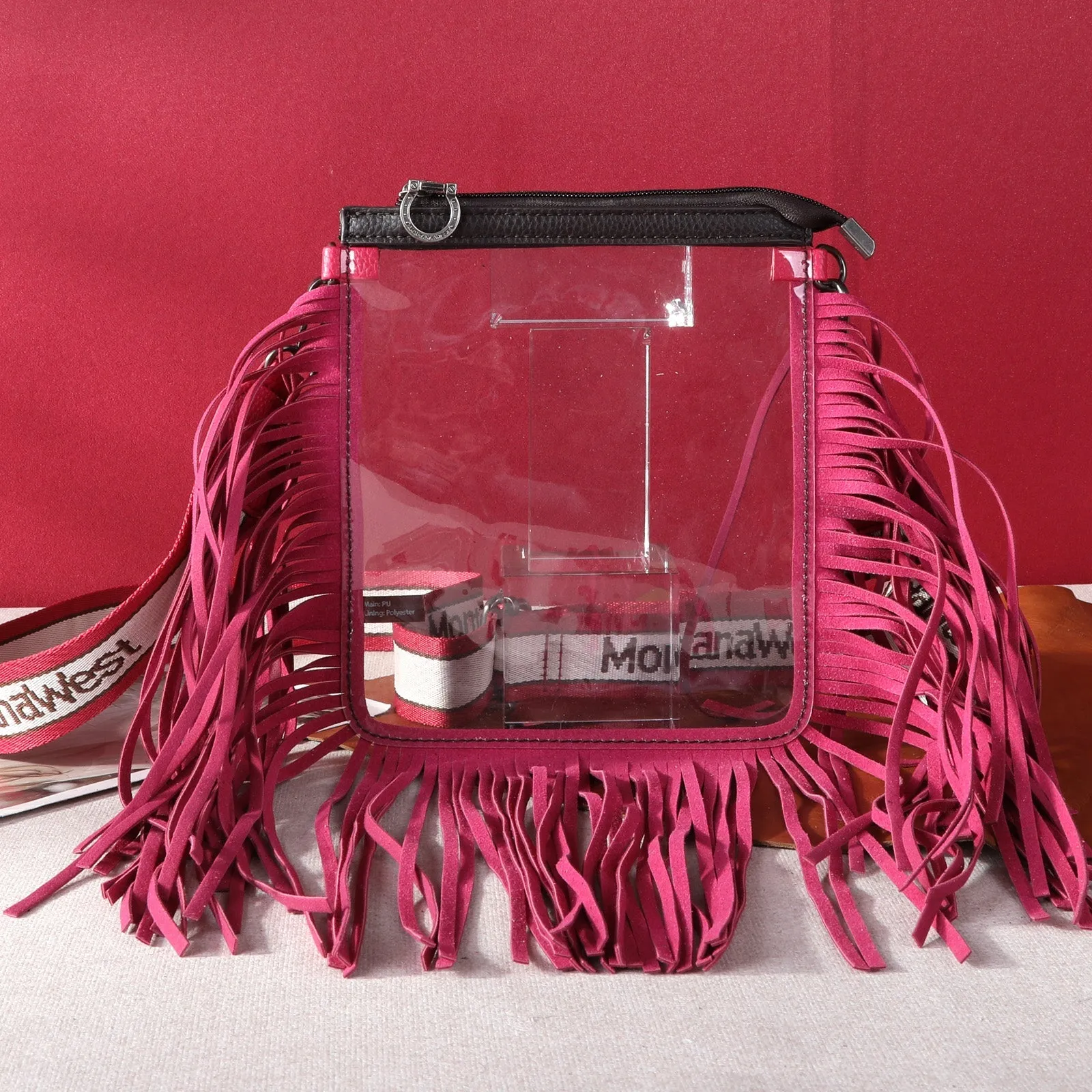 MW906-A192   Montana West Western Fringe Clear Stadium Crossbody Bag Hot Pink