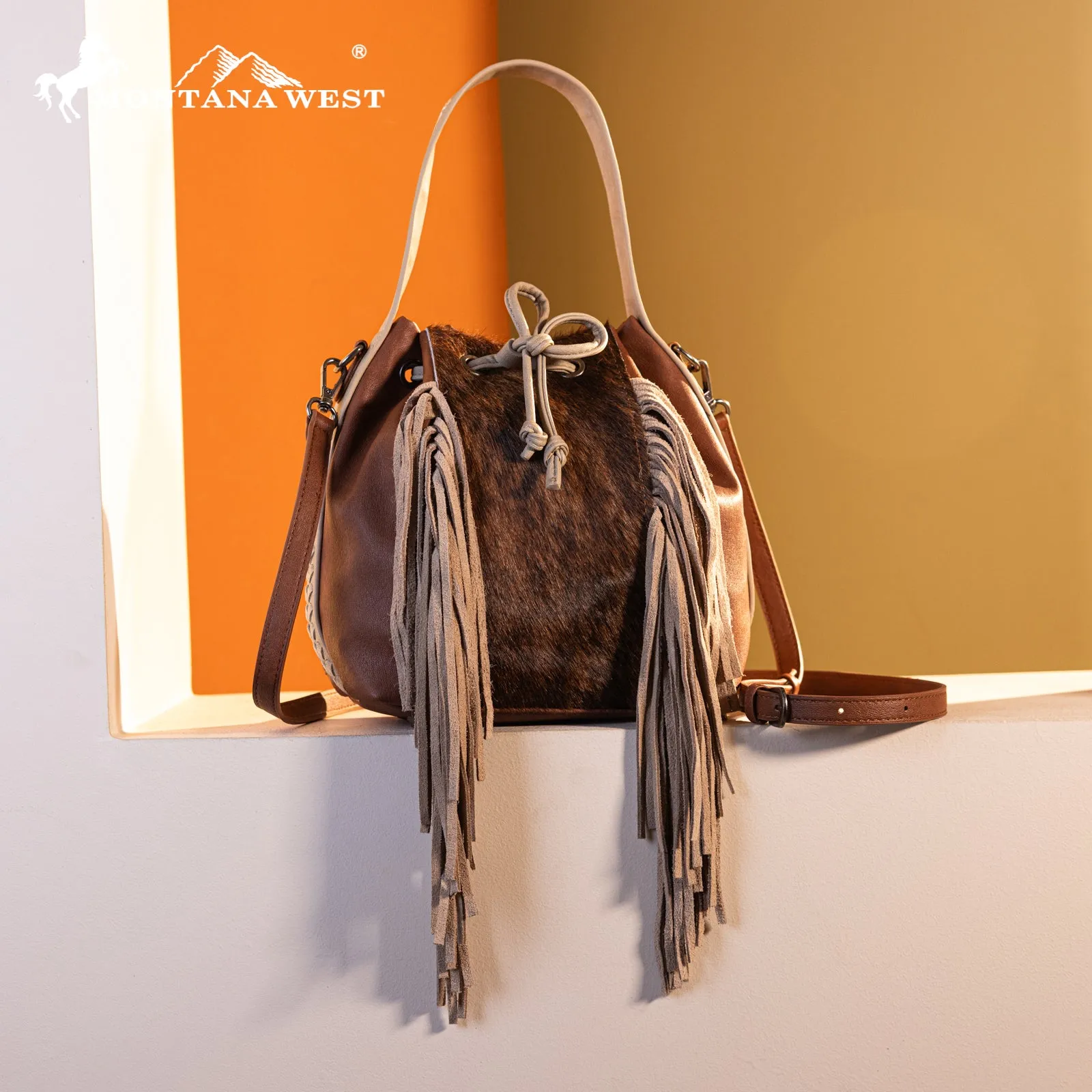 MWF1046-205S Montana West Hair-On Cowhide Drawstring Hobo/Crossbody - Brown