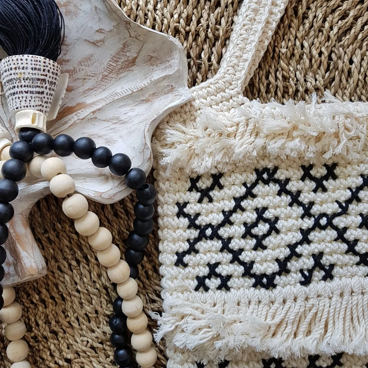 Natural Woven Black & White Square Shaped Macrame Bag With Fringe