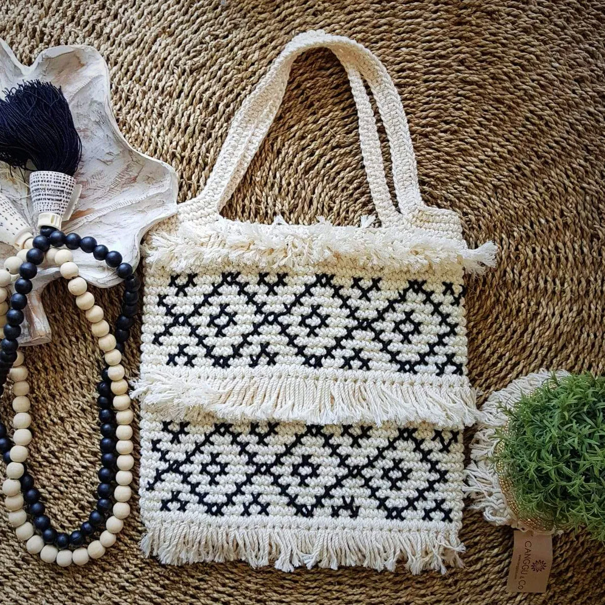 Natural Woven Black & White Square Shaped Macrame Bag With Fringe