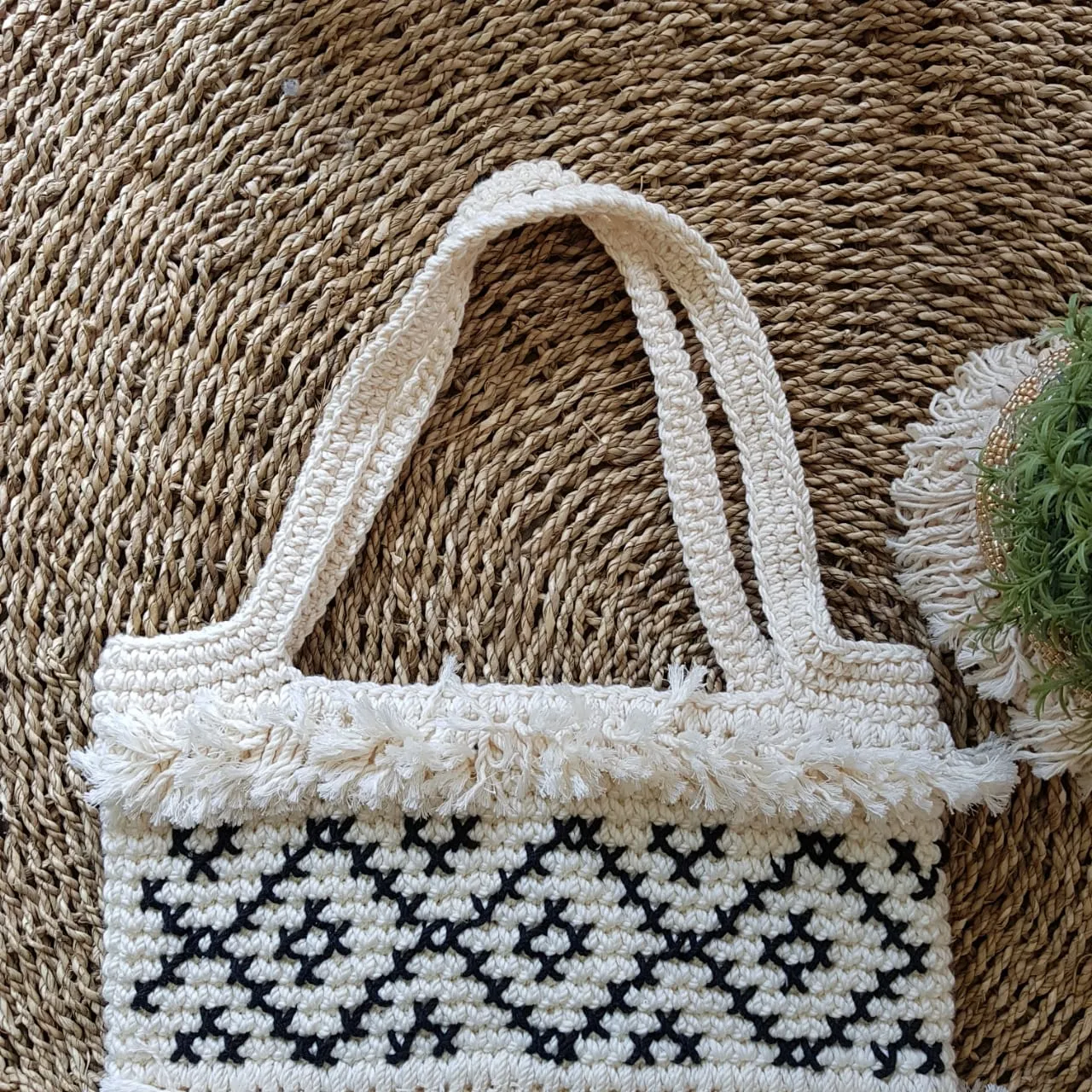 Natural Woven Black & White Square Shaped Macrame Bag With Fringe