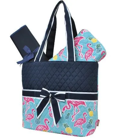 Navy Flamingo Print Quilted Diaper Bag