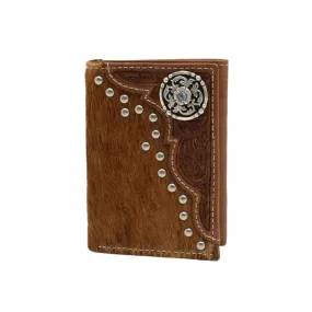 Nocona Trifold Calf Hair Tooled Round Concho - Rodeo Wallet