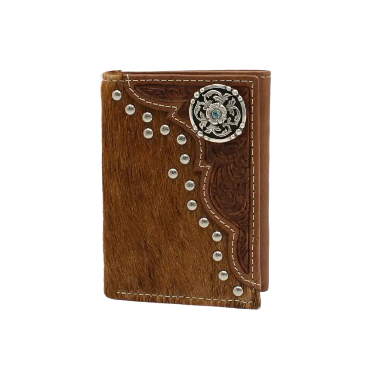 Nocona Trifold Calf Hair Tooled Round Concho - Rodeo Wallet