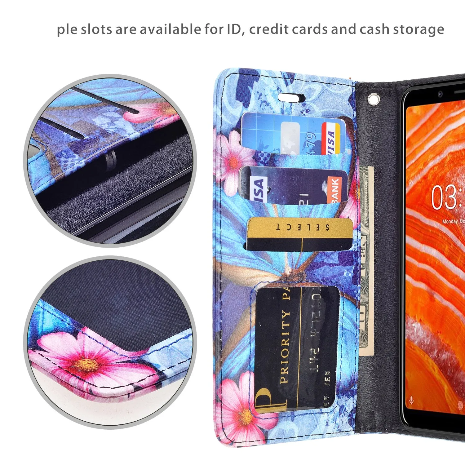 Nokia 3.1 Plus Case, Nokia 3.1 Plus Wallet Case, Wrist Strap Pu Leather Wallet Case [Kickstand] with ID & Credit Card Slots - Blue Butterfly