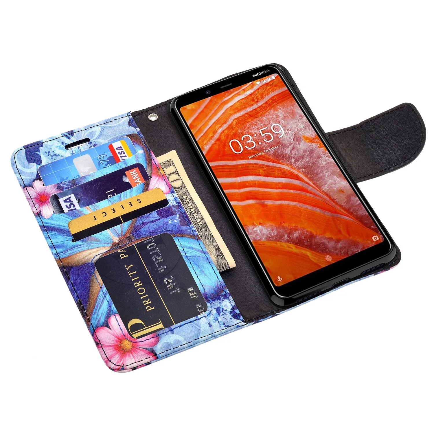 Nokia 3.1 Plus Case, Nokia 3.1 Plus Wallet Case, Wrist Strap Pu Leather Wallet Case [Kickstand] with ID & Credit Card Slots - Blue Butterfly