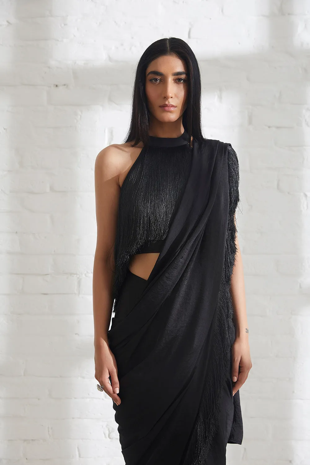 Noor Fringe Sari with Halter Fringe top