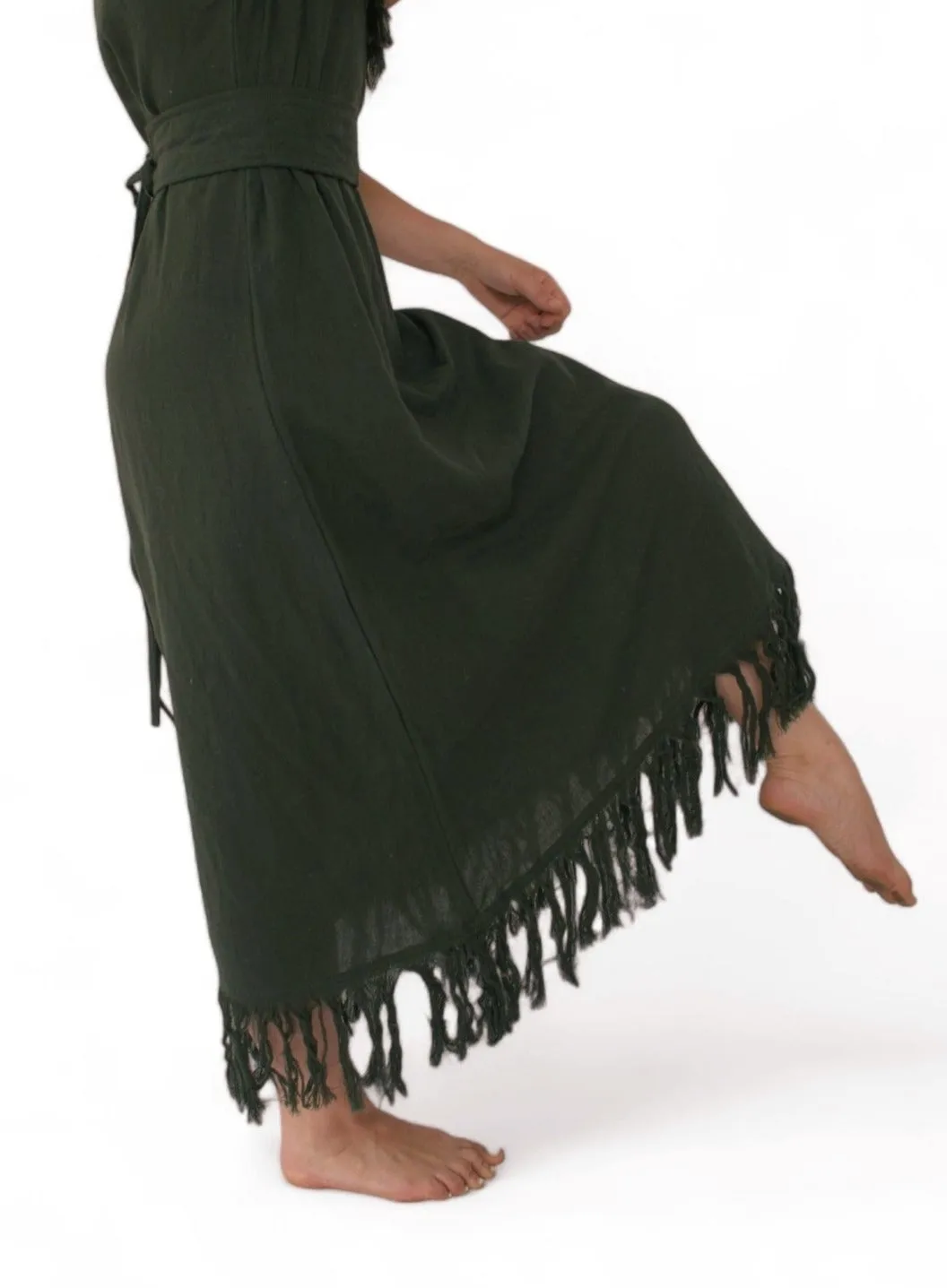 Organic Cotton Forest Green Fringe Dress