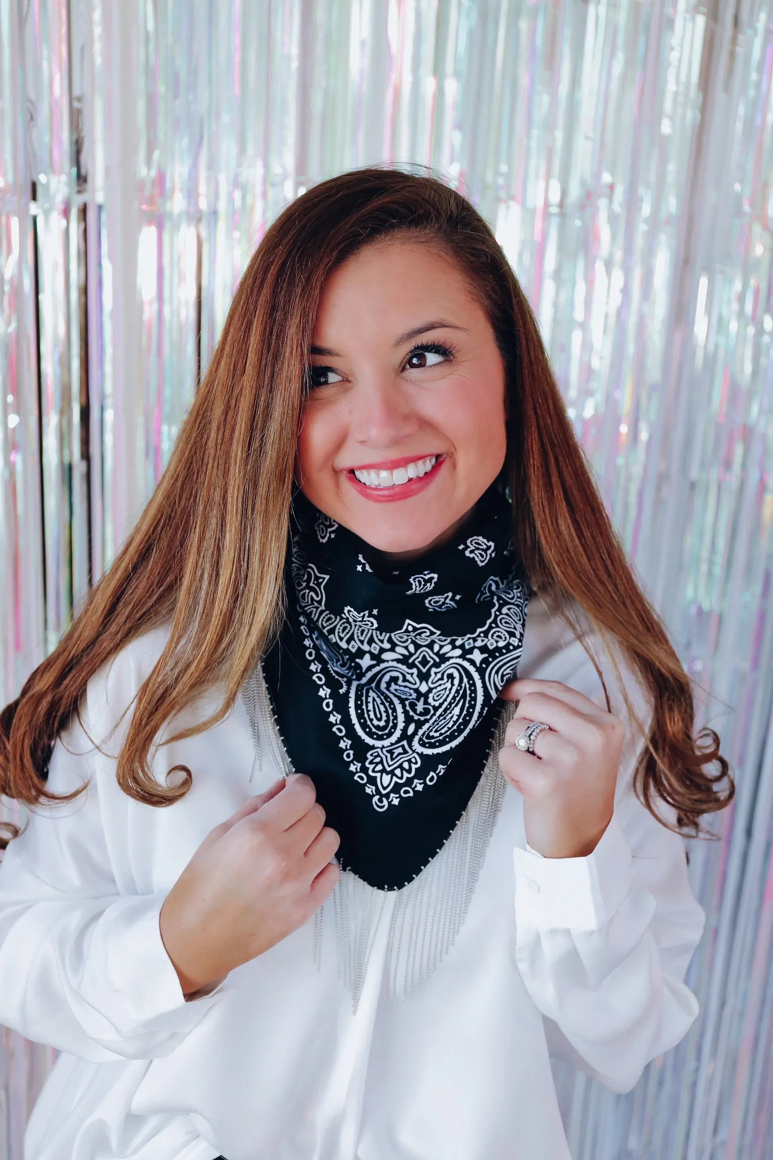 Paisley Bling Fringe Bandana - Black/Chain