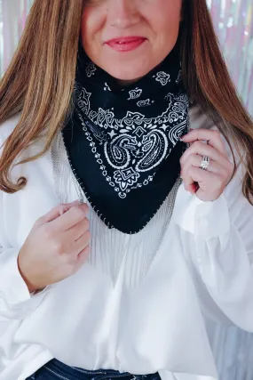 Paisley Bling Fringe Bandana - Black/Chain