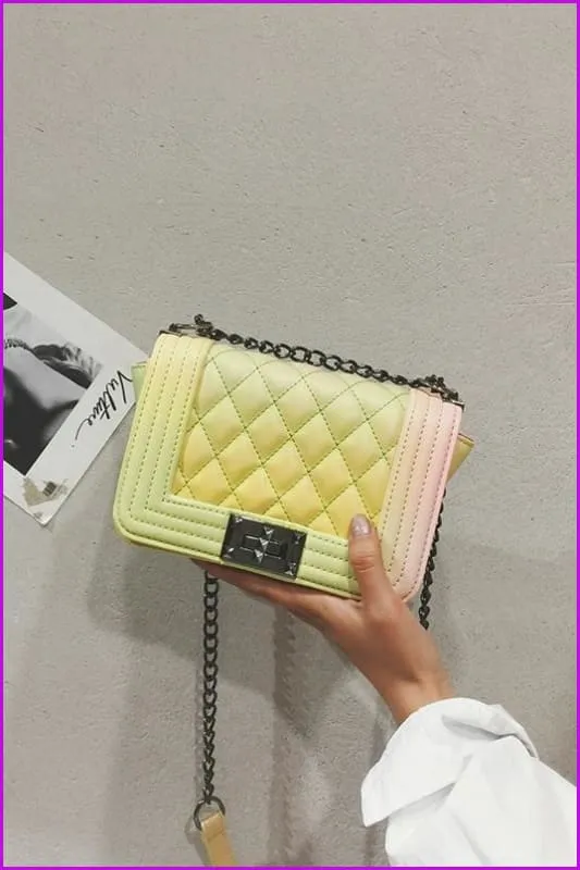 Pastel Pink/Yellow Chain PU Cross Body Bag