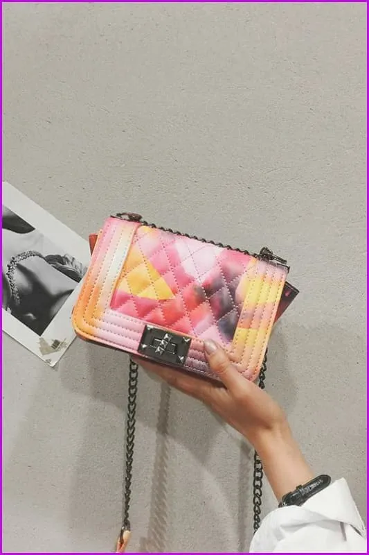 Pastel Pink/Yellow Chain PU Cross Body Bag