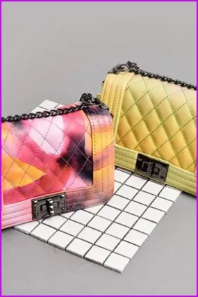 Pastel Pink/Yellow Chain PU Cross Body Bag