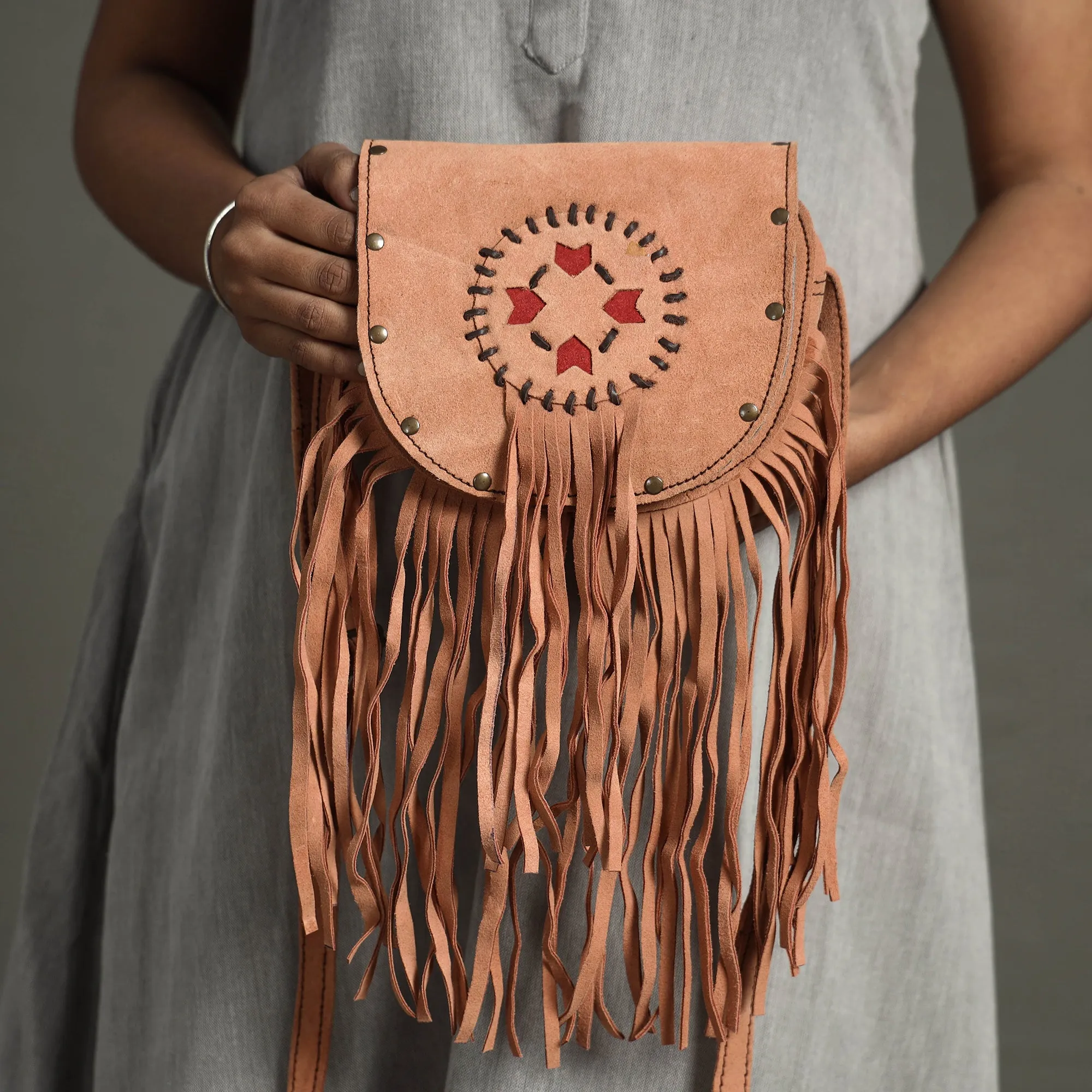 Peach - Handcrafted Suede Leather Fringe Sling Bag