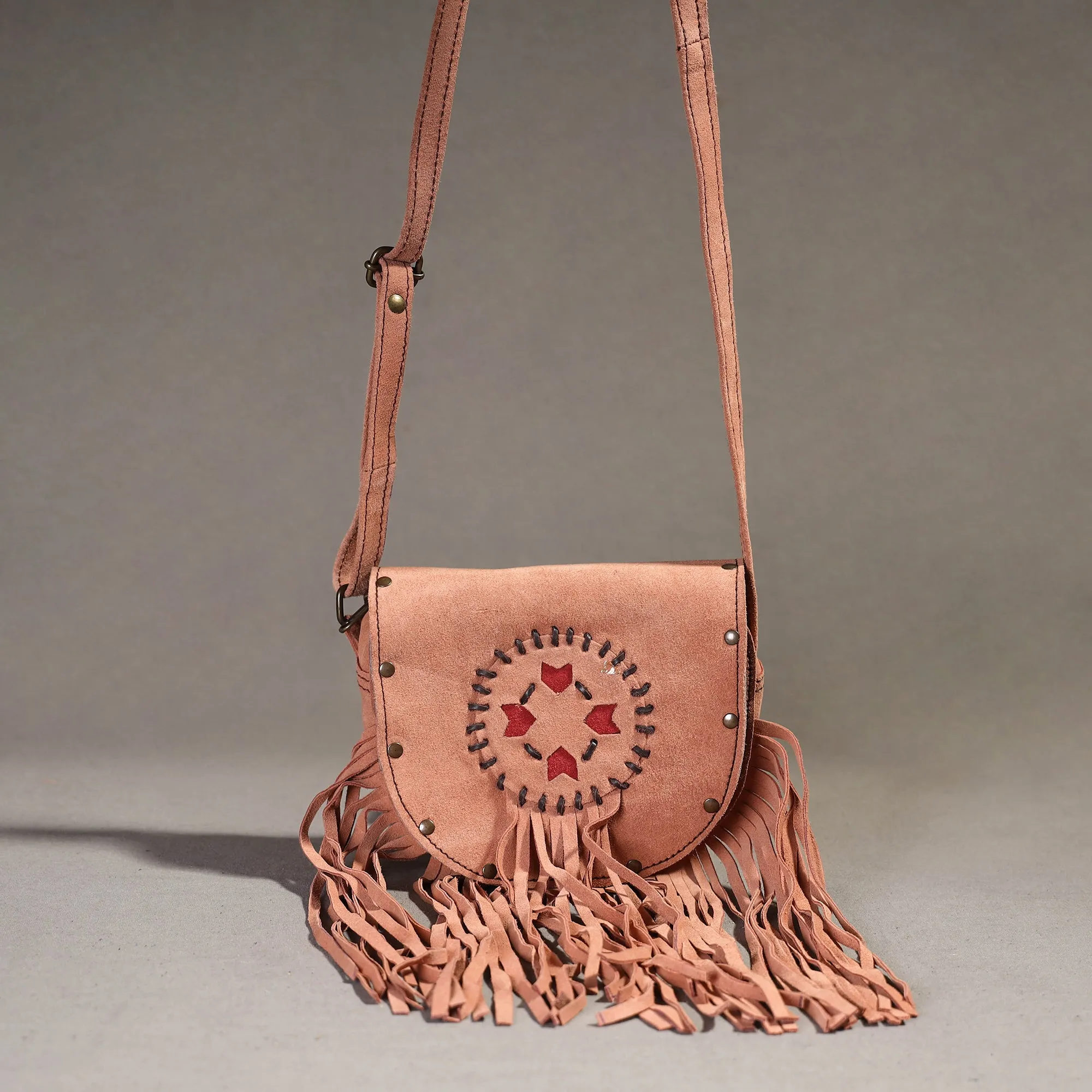 Peach - Handcrafted Suede Leather Fringe Sling Bag