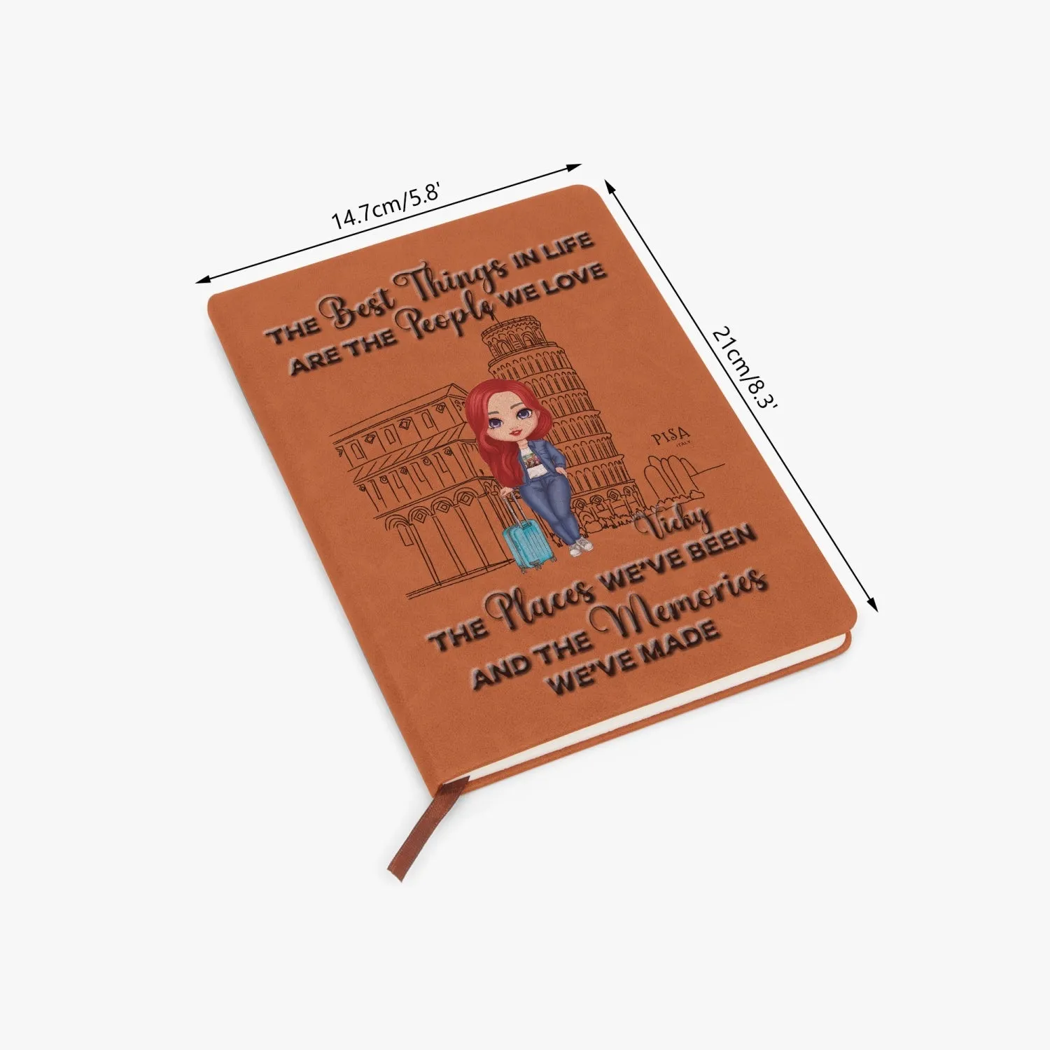 Personalised PU Leather Travel Journal Notebook, Italy, Girl Red Hair, The Best things