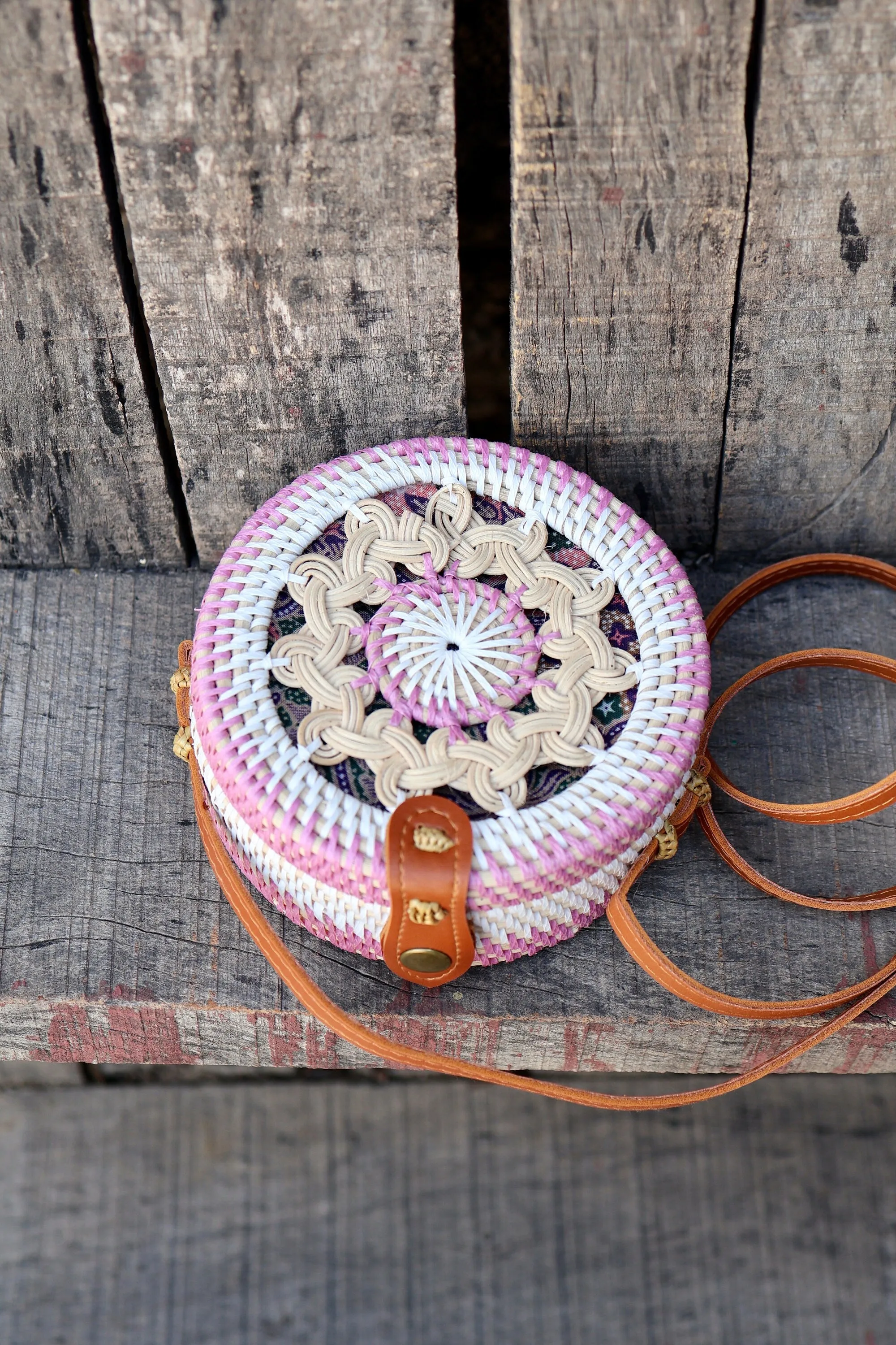 Pink Round Rattan Bag with Braid Pattern, Bali Bags, Handwoven Crossbody Purse, Braided Straw Bag, Bali Sling Bags Rattan Bags Gift for her