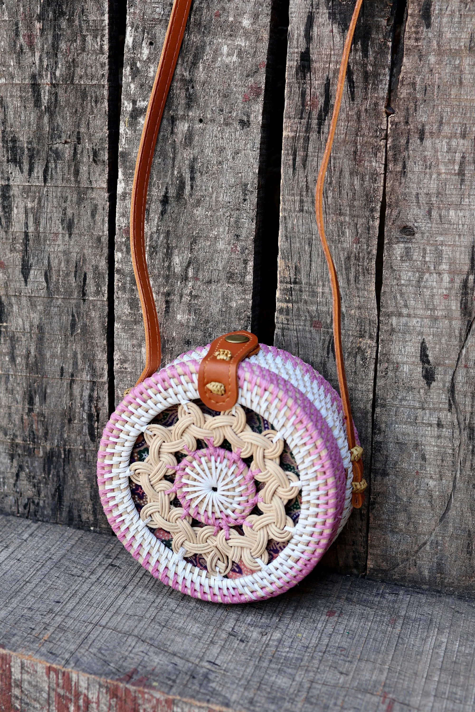 Pink Round Rattan Bag with Braid Pattern, Bali Bags, Handwoven Crossbody Purse, Braided Straw Bag, Bali Sling Bags Rattan Bags Gift for her