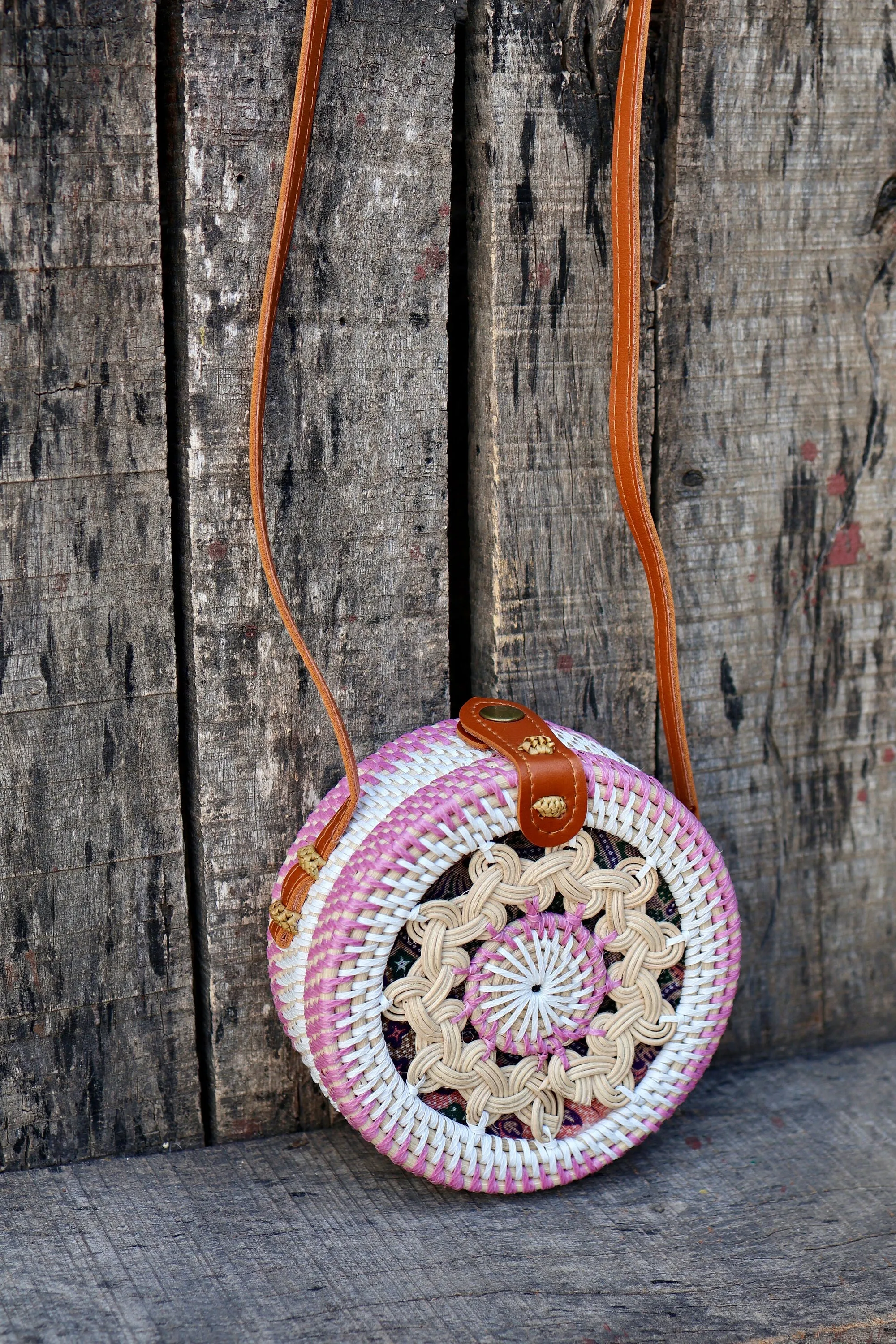 Pink Round Rattan Bag with Braid Pattern, Bali Bags, Handwoven Crossbody Purse, Braided Straw Bag, Bali Sling Bags Rattan Bags Gift for her