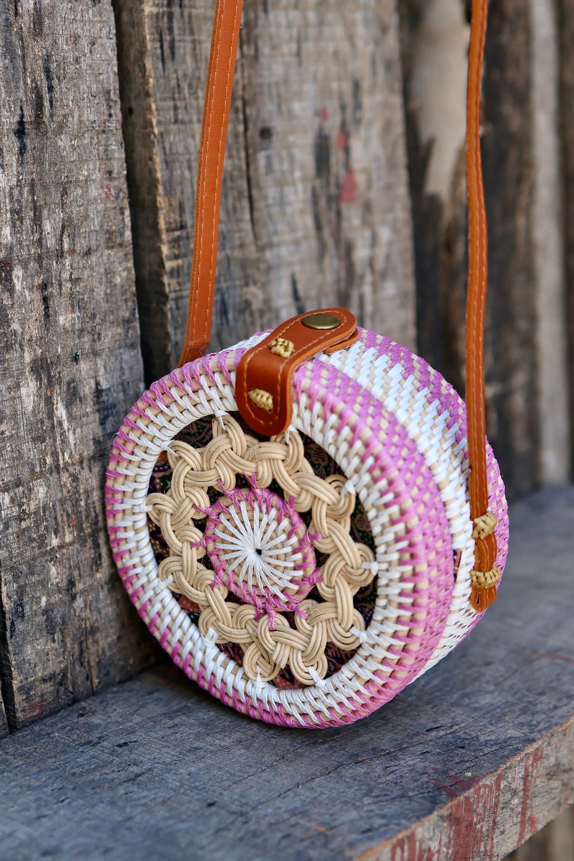 Pink Round Rattan Bag with Braid Pattern, Bali Bags, Handwoven Crossbody Purse, Braided Straw Bag, Bali Sling Bags Rattan Bags Gift for her