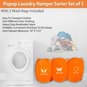 Popup Laundry Hamper Sorter Set of 3 with 2 Wash Bags