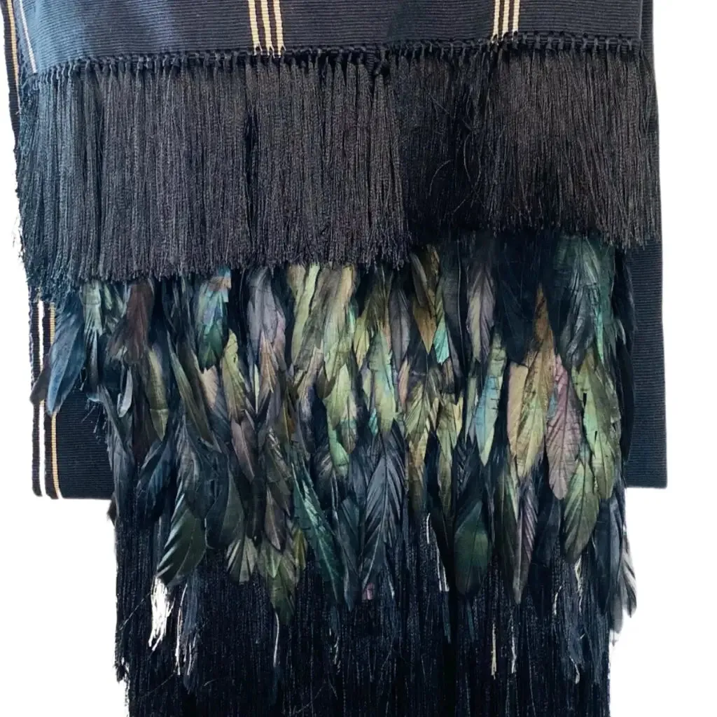 Purepecha rebozo with fringe and feathers