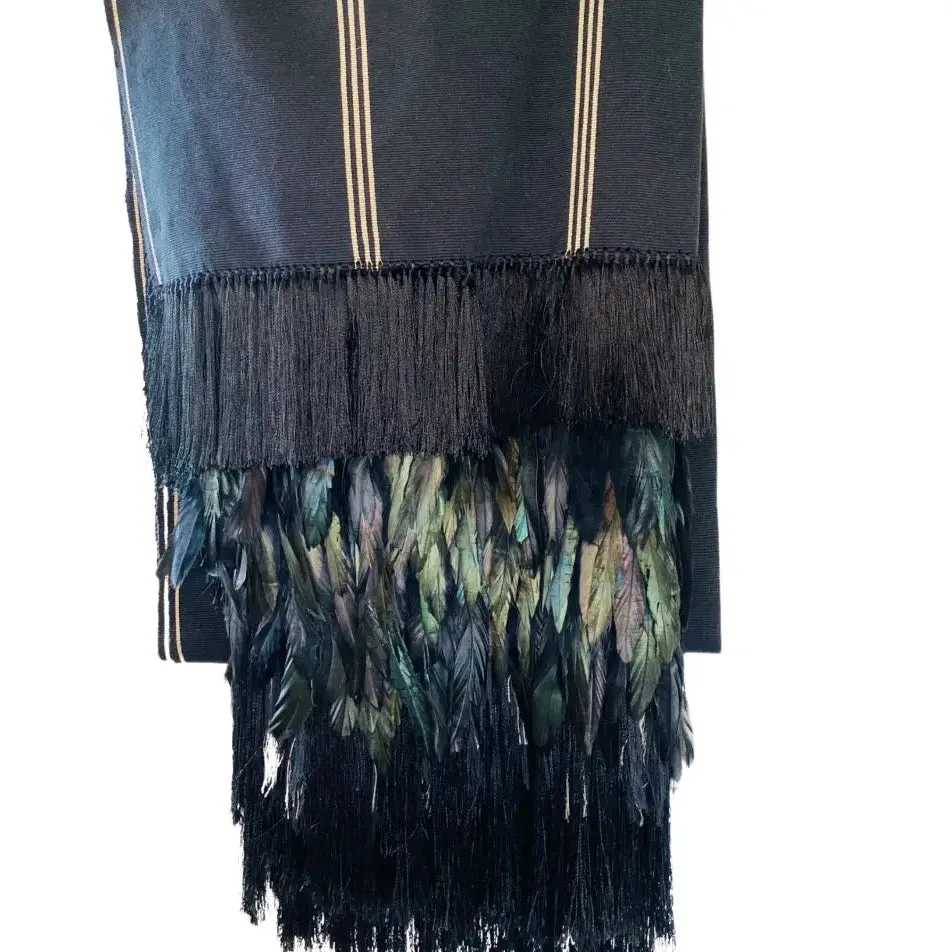 Purepecha rebozo with fringe and feathers