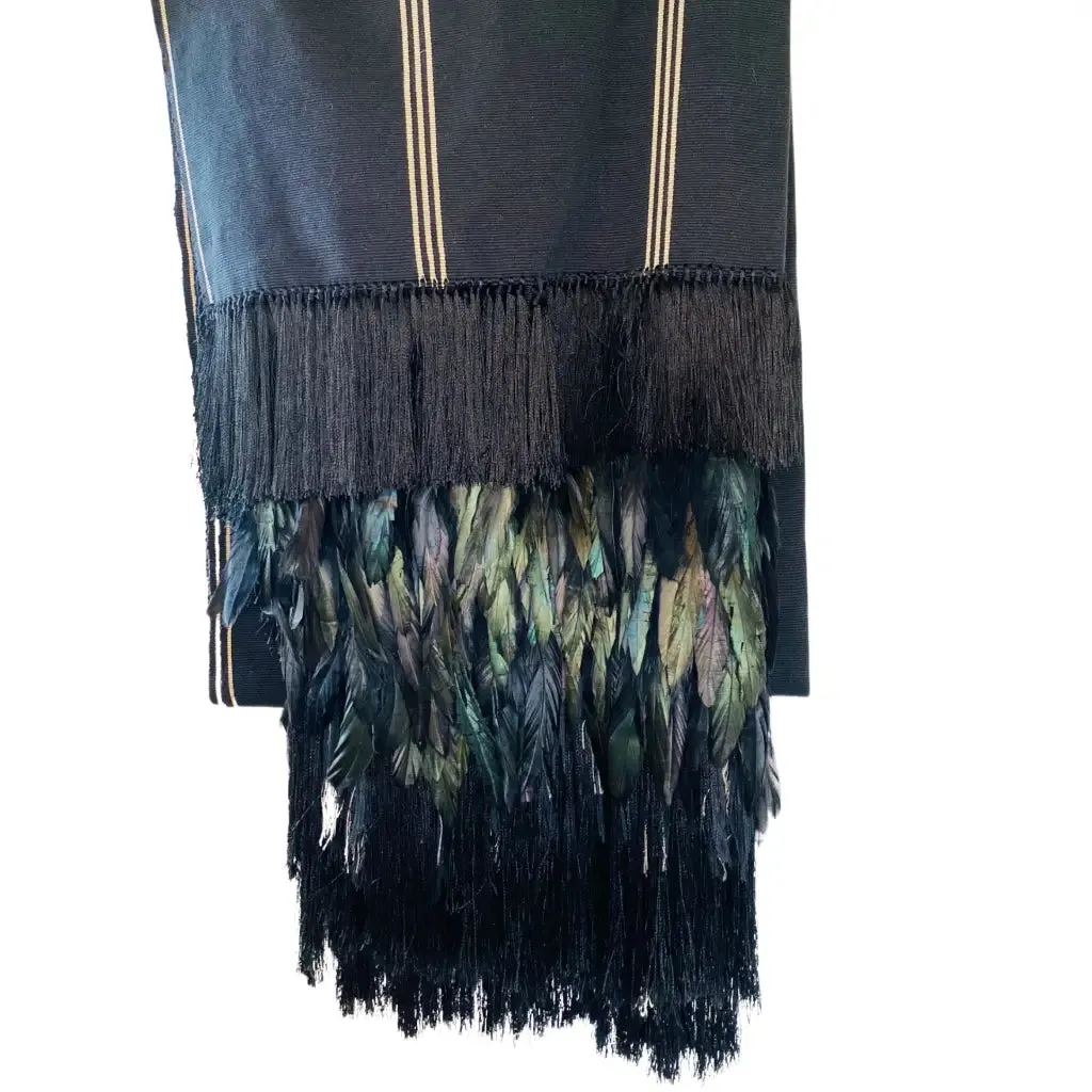 Purepecha rebozo with fringe and feathers