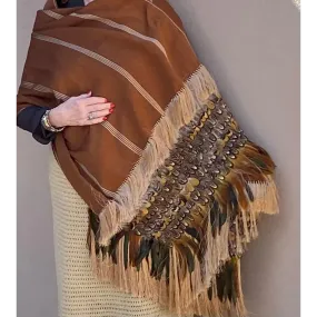 Purepecha rebozo with fringe and feathers