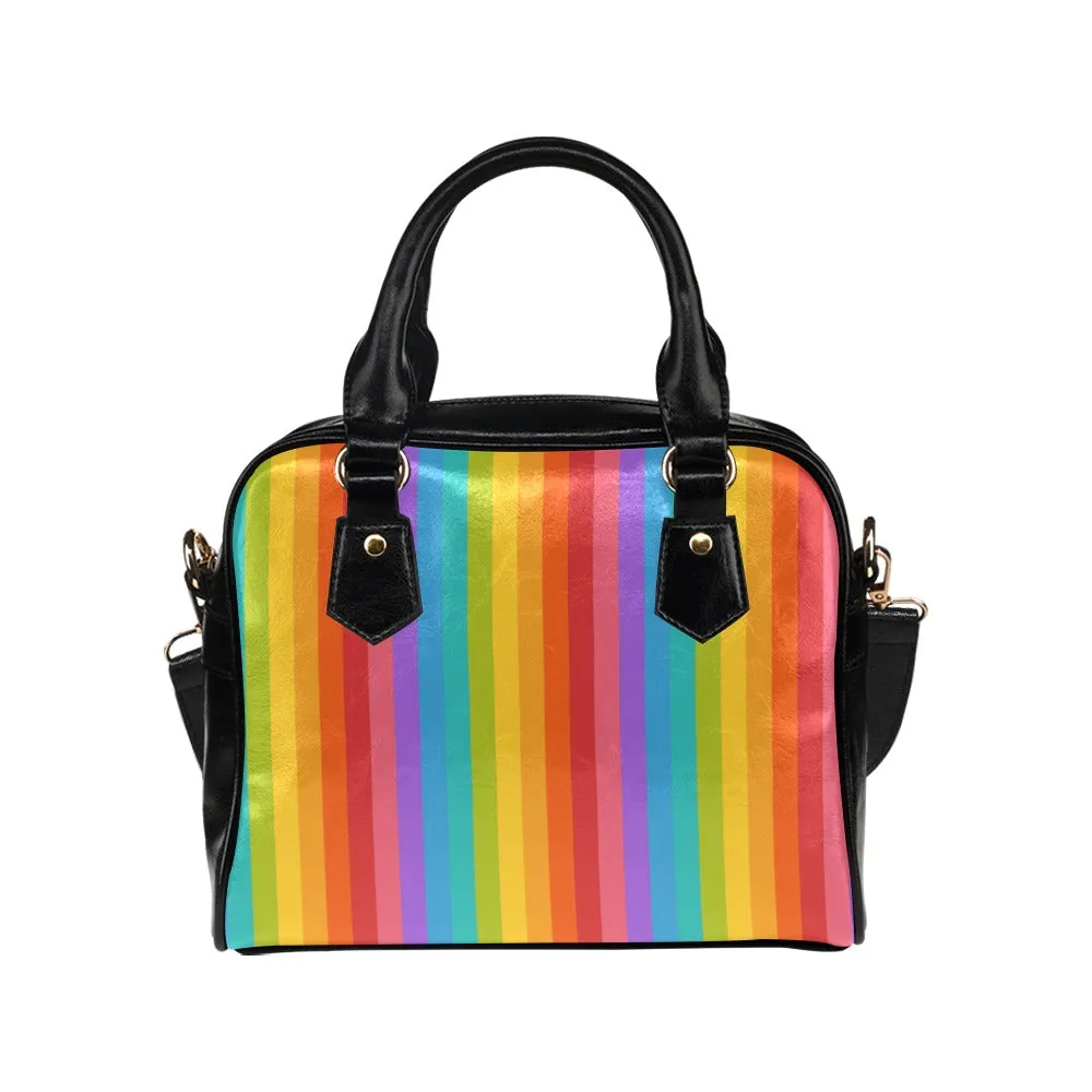 Rainbow Striped Purse, Black Cute Small Shoulder Bag High Vegan Leather Women Crossbody Designer Handbag Bag