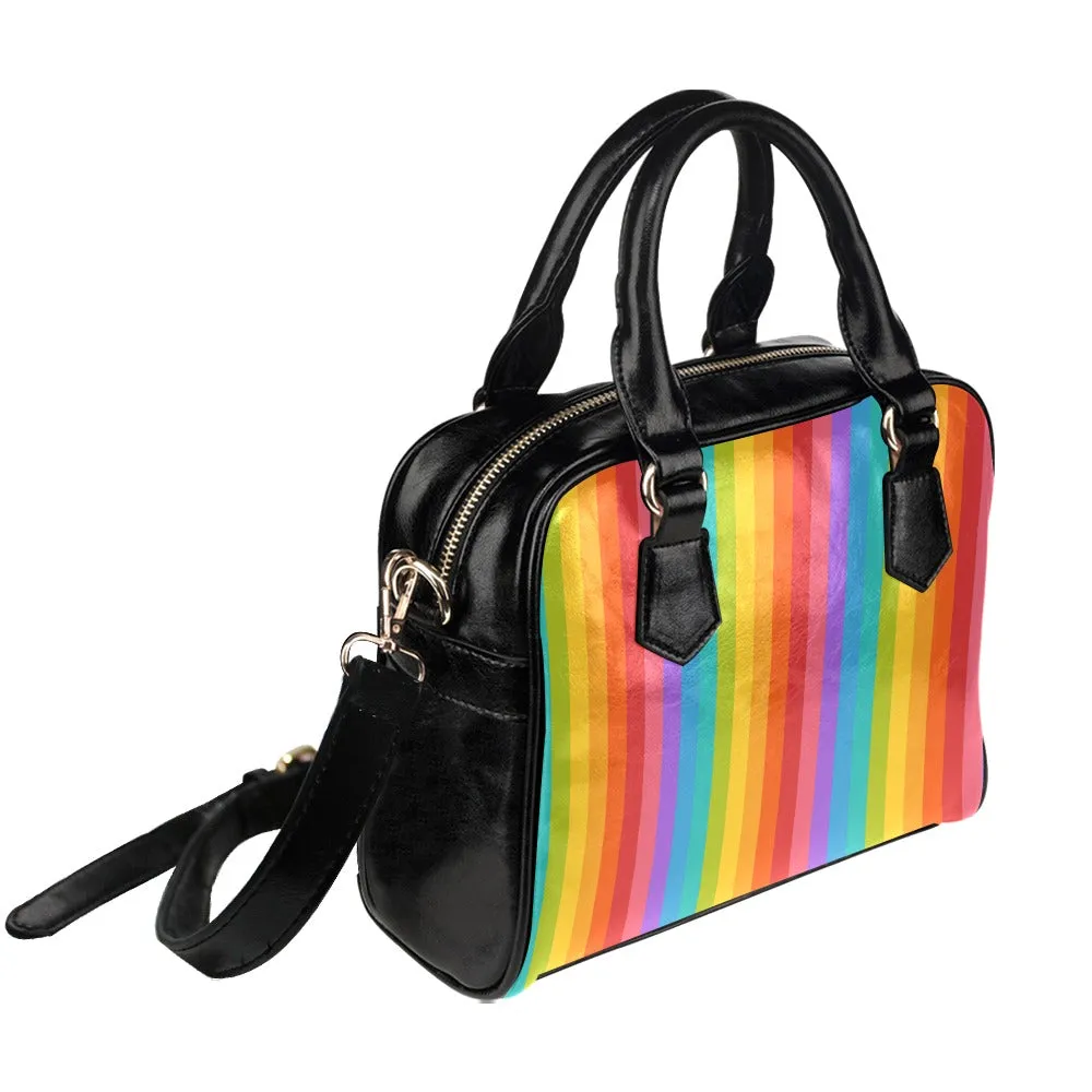 Rainbow Striped Purse, Black Cute Small Shoulder Bag High Vegan Leather Women Crossbody Designer Handbag Bag