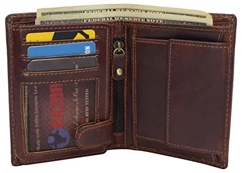 RFID610518RHU Large RFID Genuine Vintage Leather Card Holder Bifold Trifold Wallet Snap Closure 2 ID Windows for Men