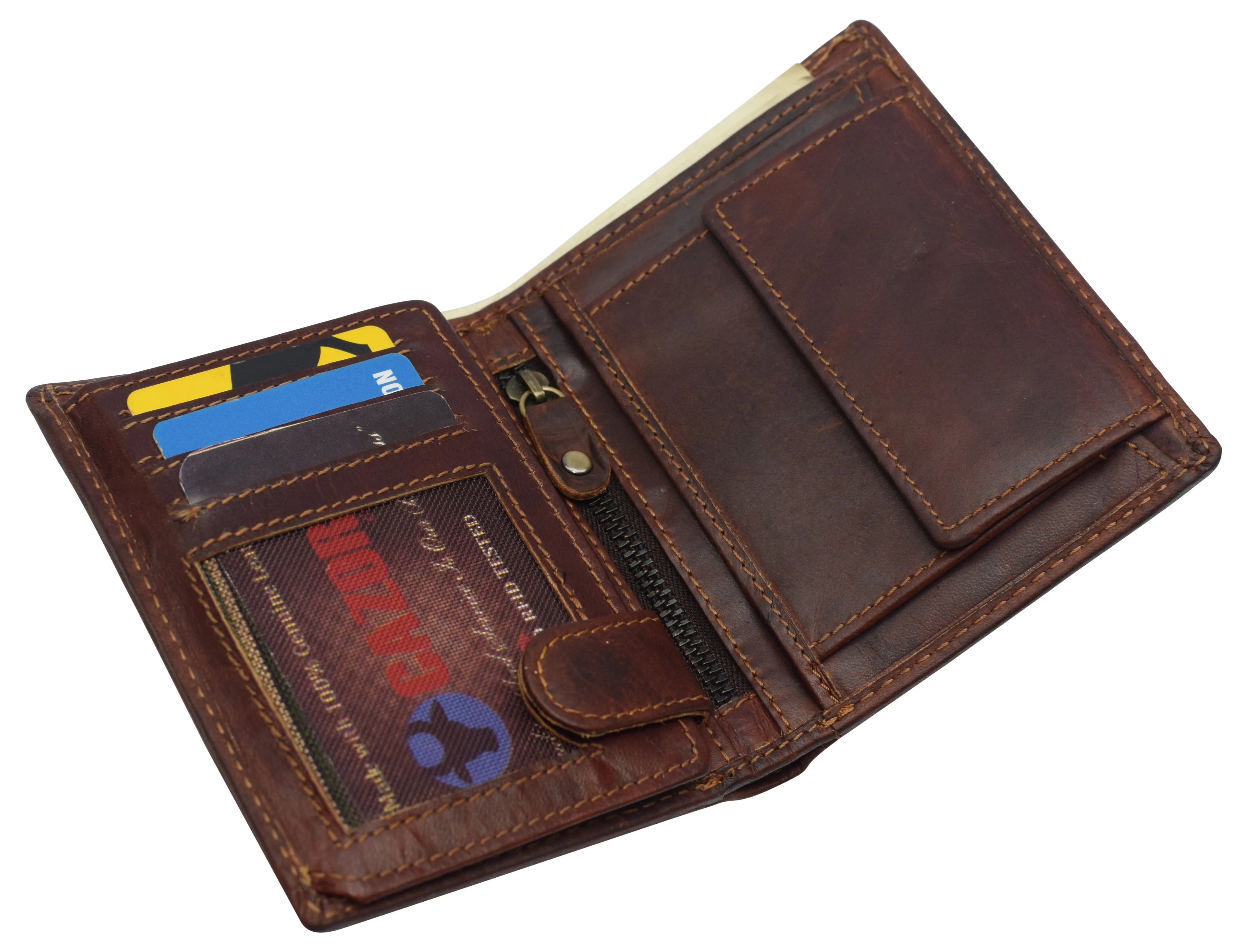 RFID610518RHU Large RFID Genuine Vintage Leather Card Holder Bifold Trifold Wallet Snap Closure 2 ID Windows for Men