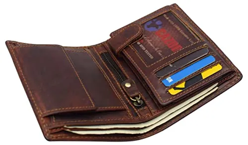 RFID610518RHU Large RFID Genuine Vintage Leather Card Holder Bifold Trifold Wallet Snap Closure 2 ID Windows for Men